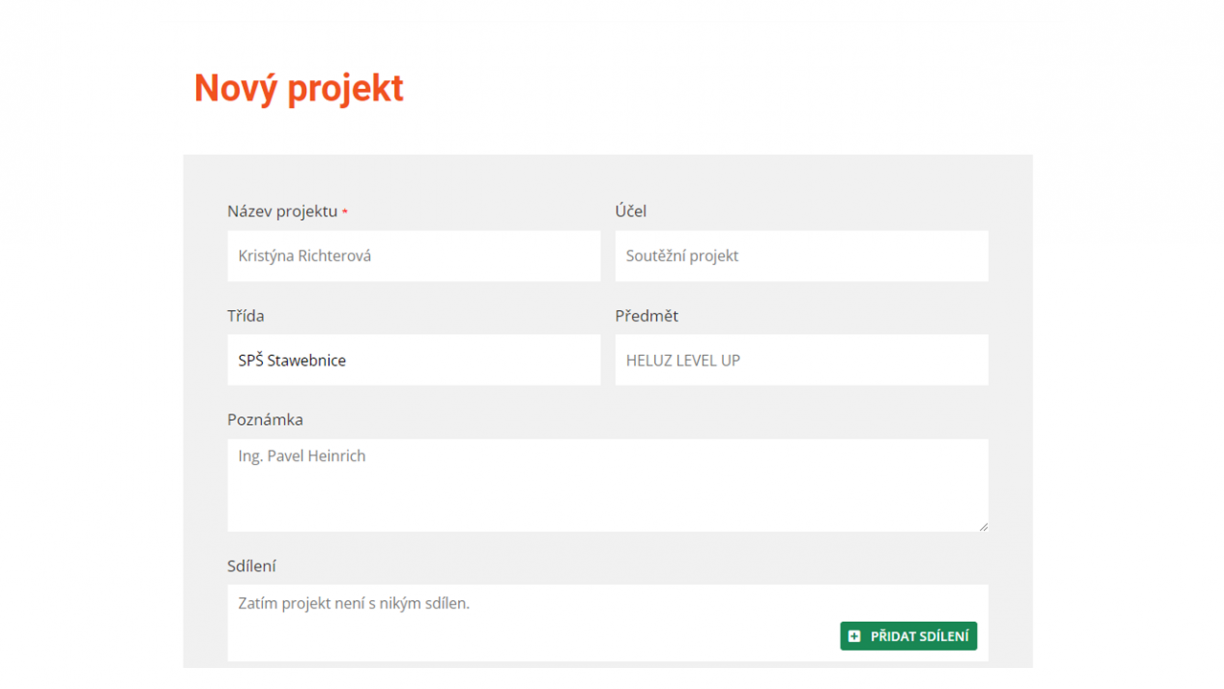 Nový projekt – základní údaje